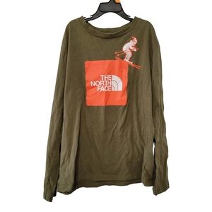 The North Face Boys Long Sleeve Tee Size L Olive Army Green Orange Logo Skiing